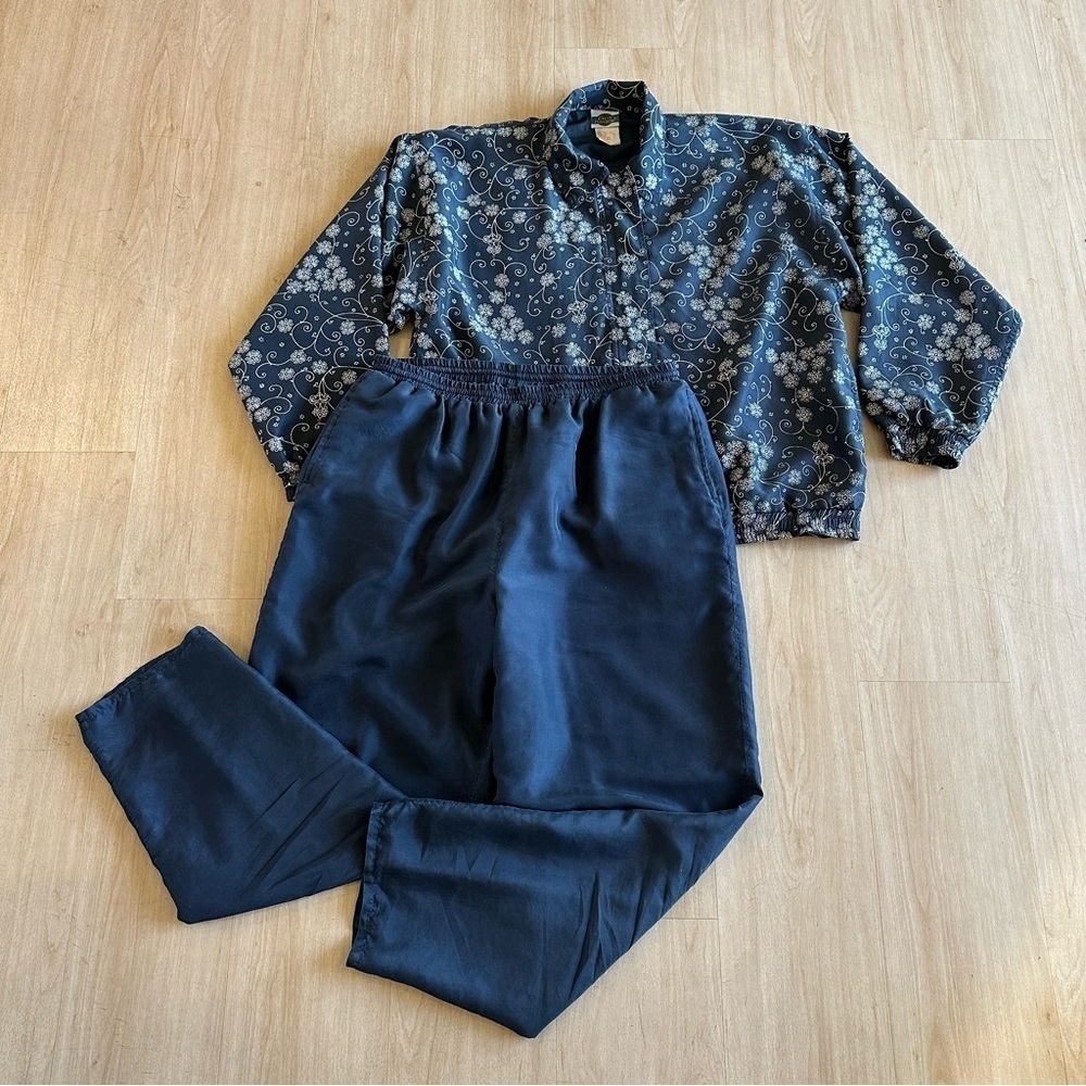 Vintage 100% Silk Tracksuit Jacket Pants Set Vintage Gym Athletic Athleisure